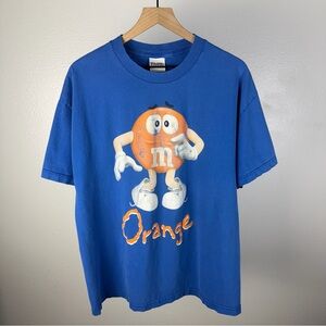Y2K M&Ms Orange Mars Candy Promo Humor Spell Out Vintage Blue T Shirt Size XL